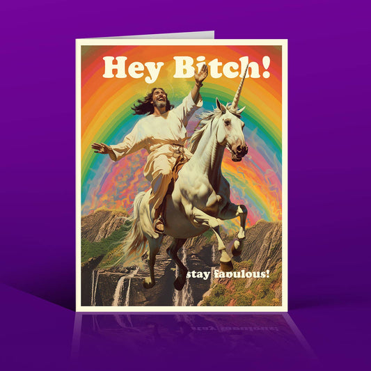 Offensive Delightful Jesus Bitch birthday card with bold, humorous design featuring playful lettering on a colorful background.