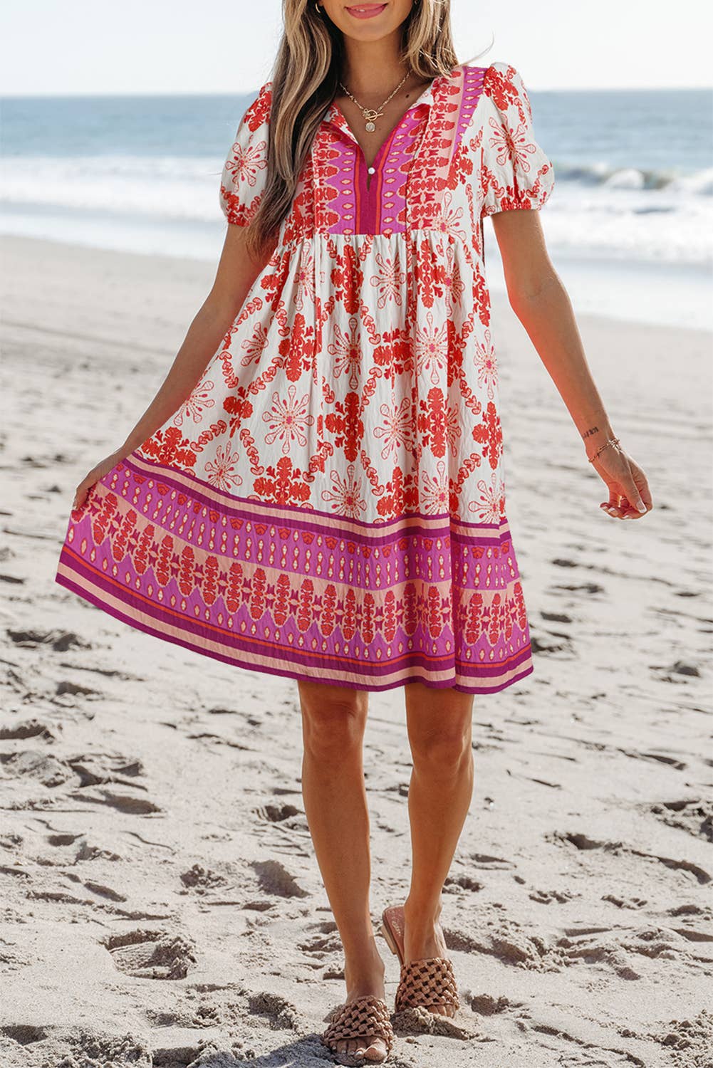 Little Daisy Closet boho floral mini dress with short sleeves, lace-up V-neck, perfect for casual summer wear.