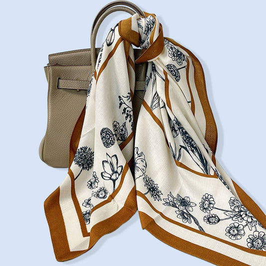 Elegant floral square scarf by ACCITY featuring vibrant botanical patterns on lightweight fabric