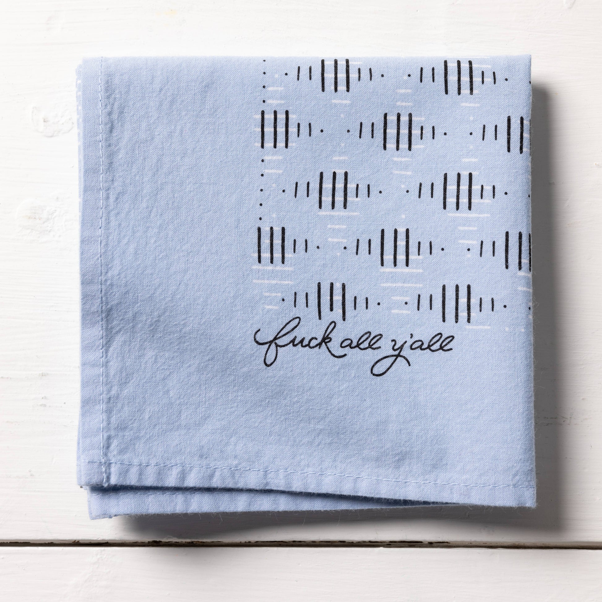 Black bandana by Jenni Earle with bold "fuck all y'all" text, featuring a stylish, casual design perfect for streetwear.