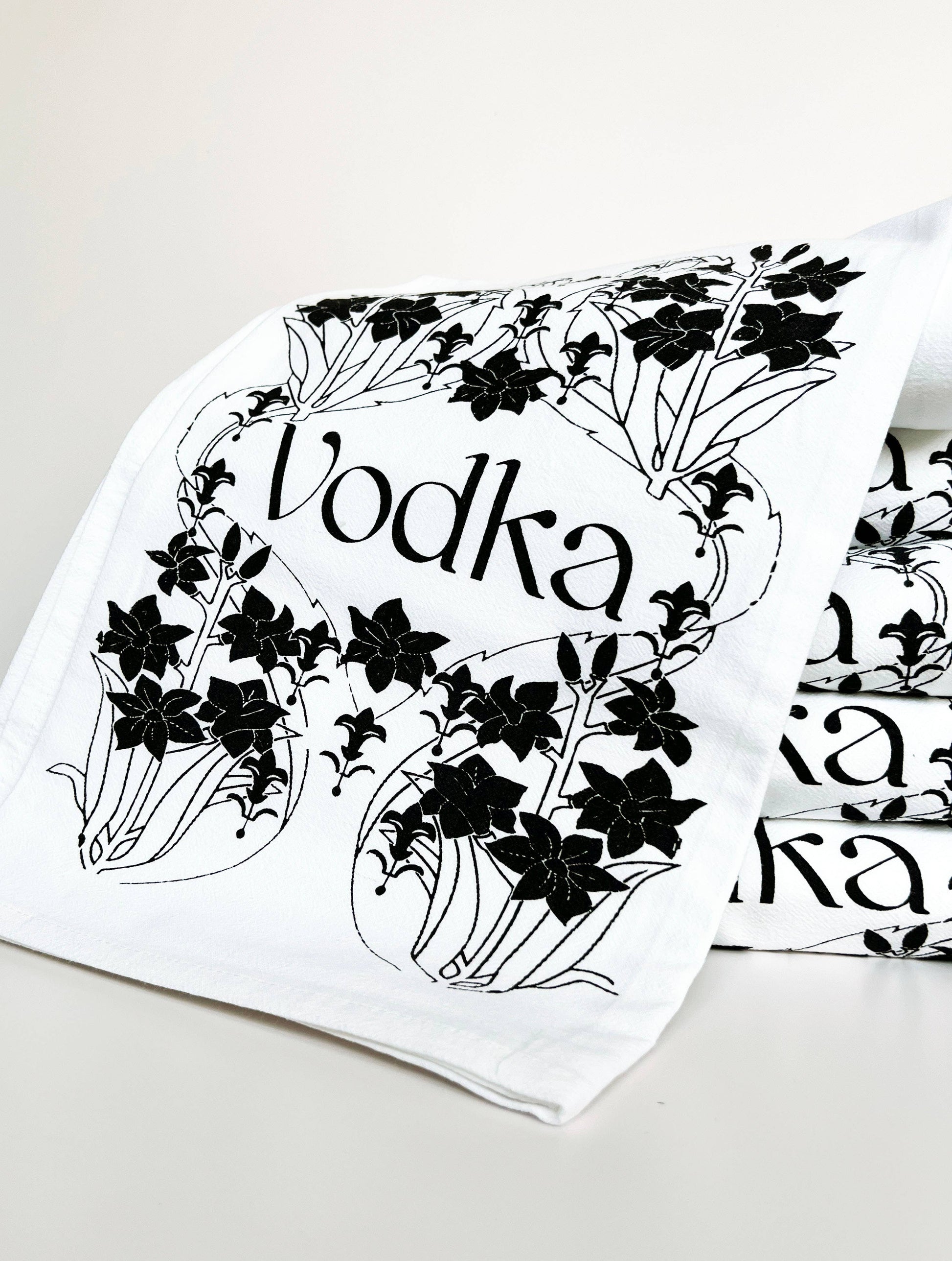 Retro art deco vodka tea towel from The Coin Laundry, vintage-inspired bar decor and stylish kitchen towel design.