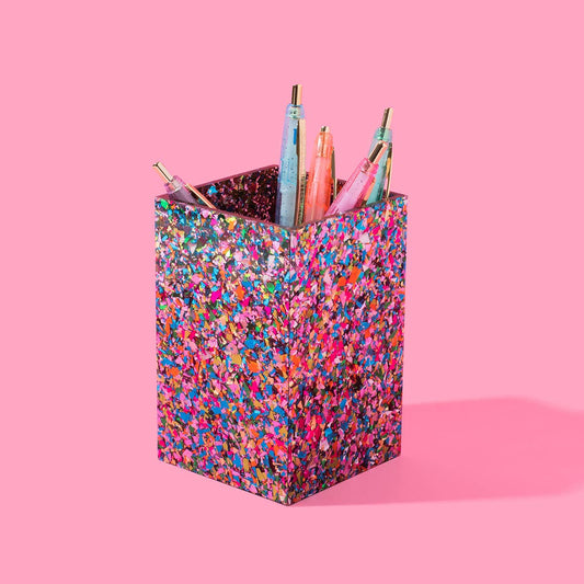 Colorful confetti pencil and pen cup from Taylor Elliott Designs, made of ceramic with vibrant polka dot patterns.