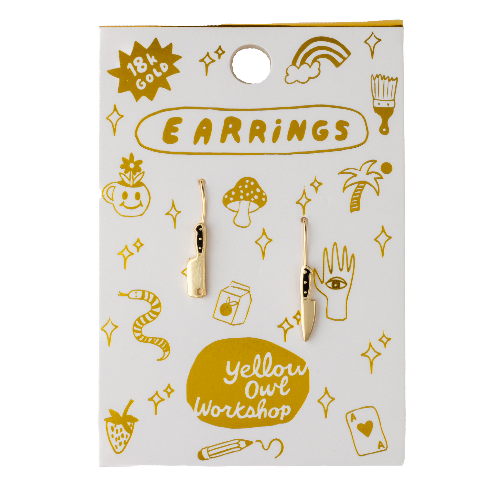 Yellow Owl Workshop chef's knife and cleaver earrings with detailed silver-tone metal design on a white background