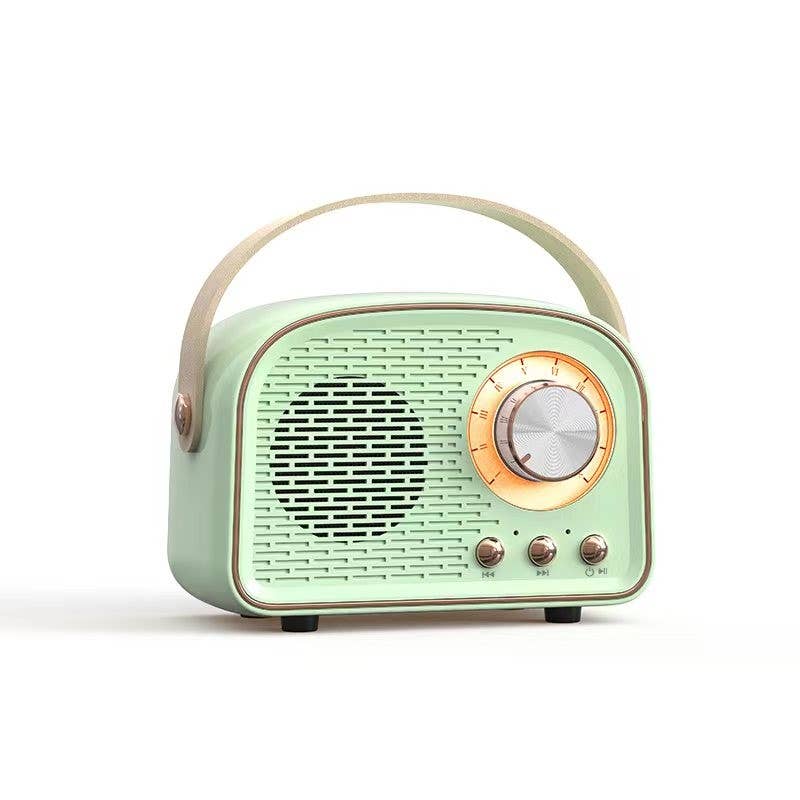 Retro Bluetooth speaker by Tech Trendz featuring a vintage design with grill and control buttons in a close-up image.