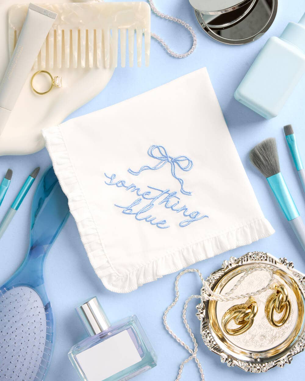 Embroidered blue handkerchief bandana by xo, Fetti with "Something Blue" for wedding bride gift, featuring delicate embroidery details.