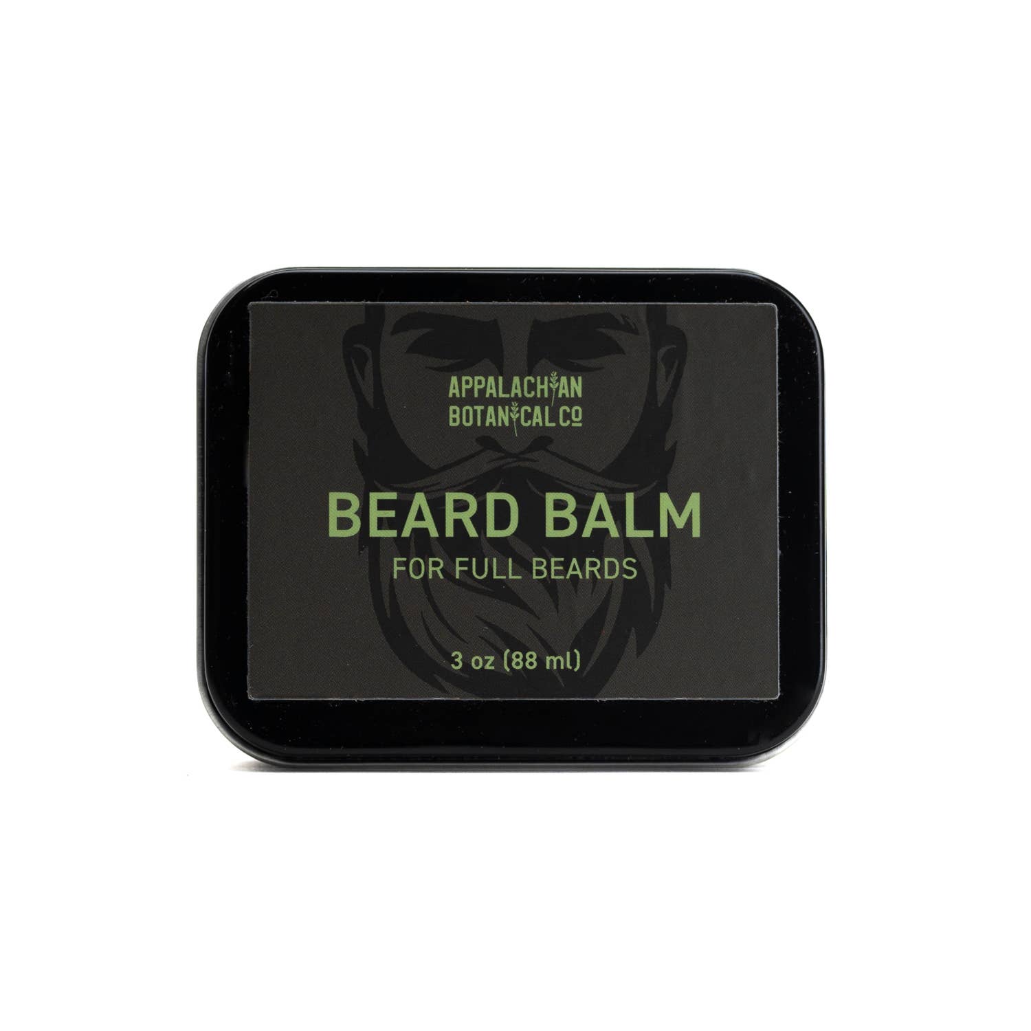 Men's grooming beard balm by Appalachian Botanical Co. in a tin container, with a smooth, natural finish on the balm surface.