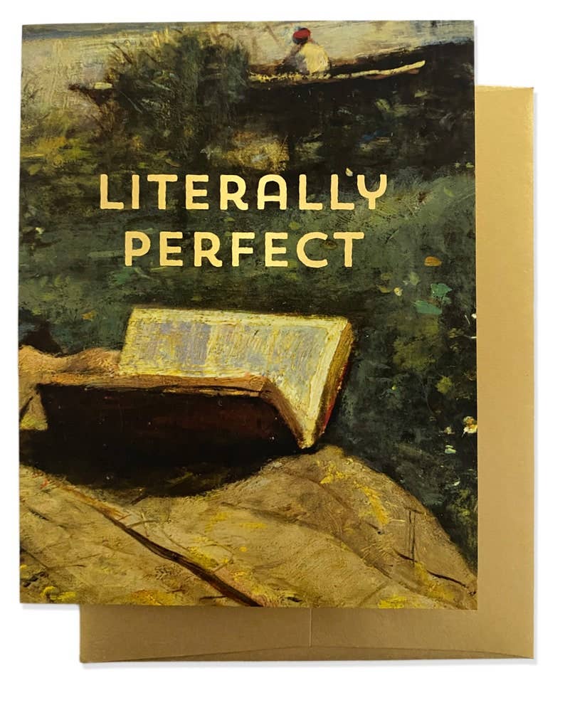 Gold foil "Literally Perfect" greeting card from Billet Doux Cards, featuring elegant design on high-quality card stock.