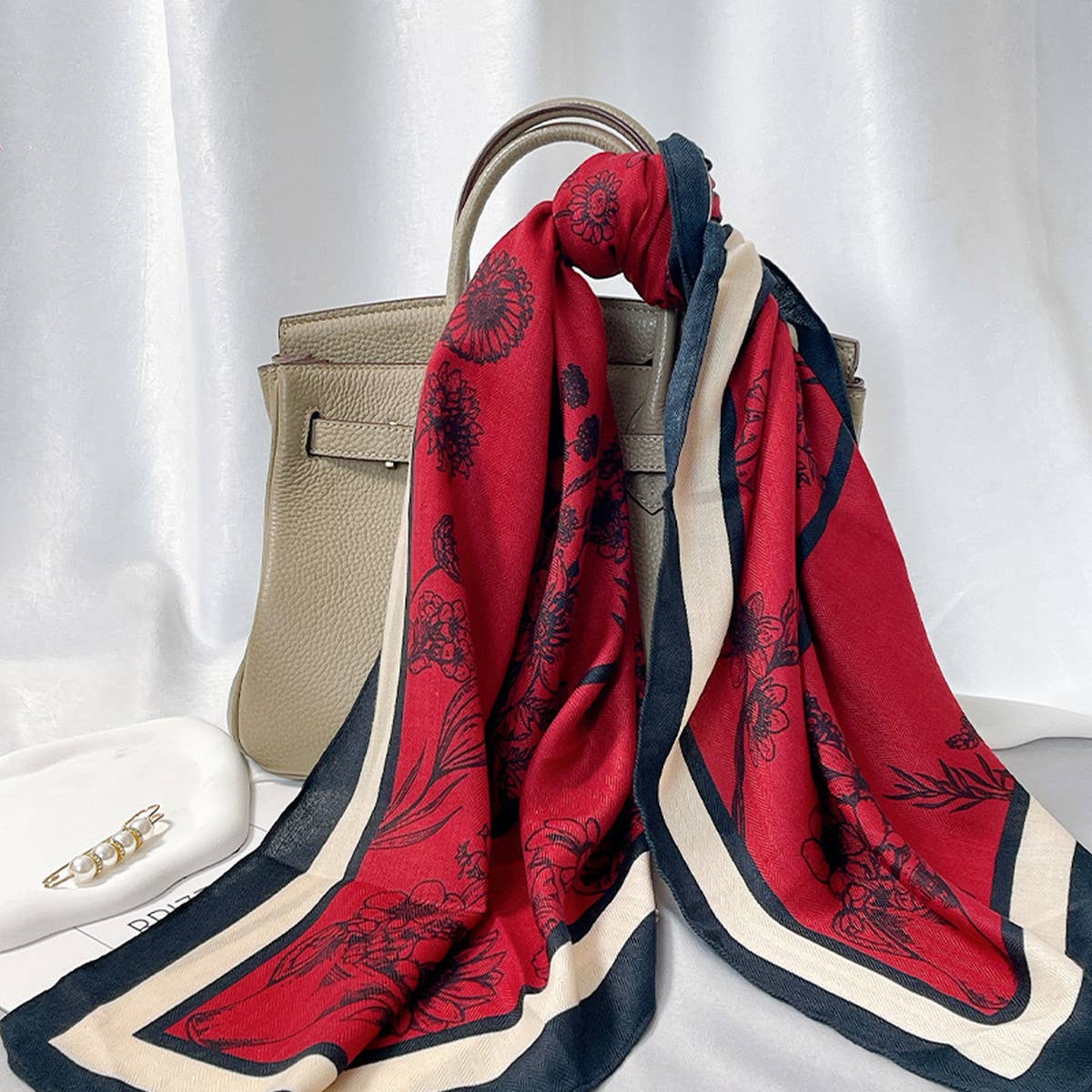 Elegant floral square scarf in vibrant colors, made by ACCITY, featuring intricate flower patterns on soft fabric.