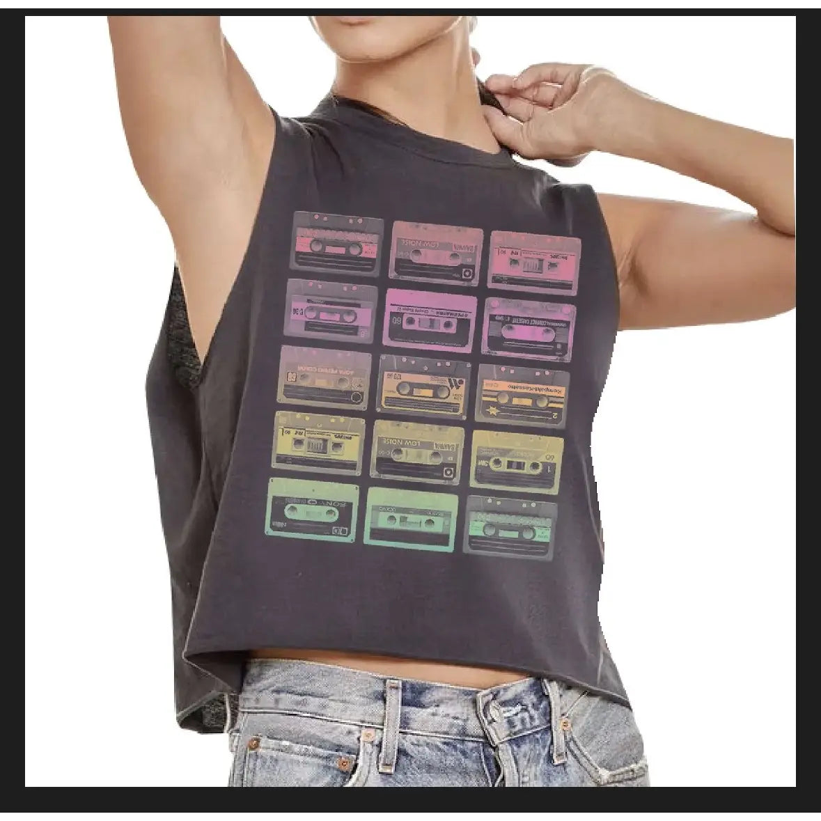 Rainbow cassette tape muscle tank top by Prince Peter Collection featuring a vintage cassette design on black fabric.