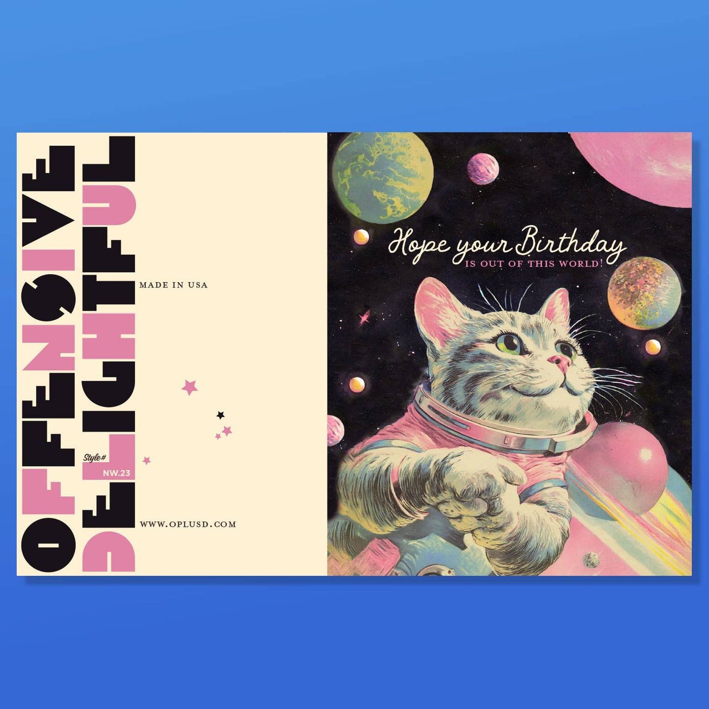 Colorful "Out of This World" cat birthday card from Offensivedelightful with playful space-themed design and whimsical cat illustration.