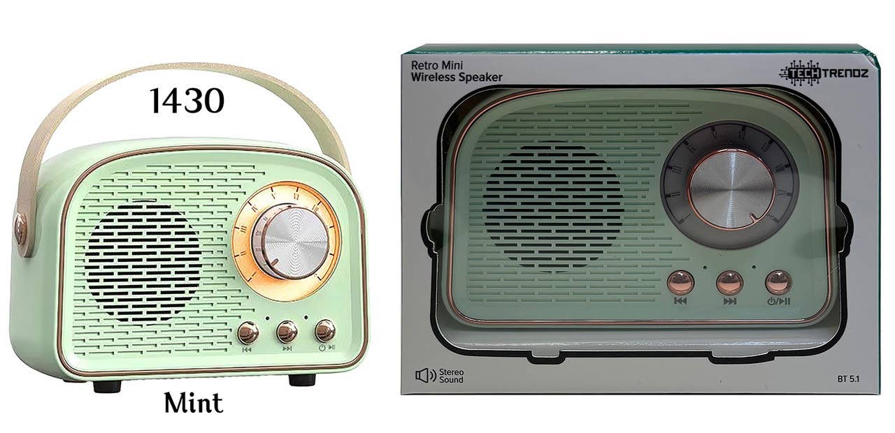 Retro Bluetooth speaker by Tech Trendz featuring a vintage design and portable wireless audio, with control buttons visible.