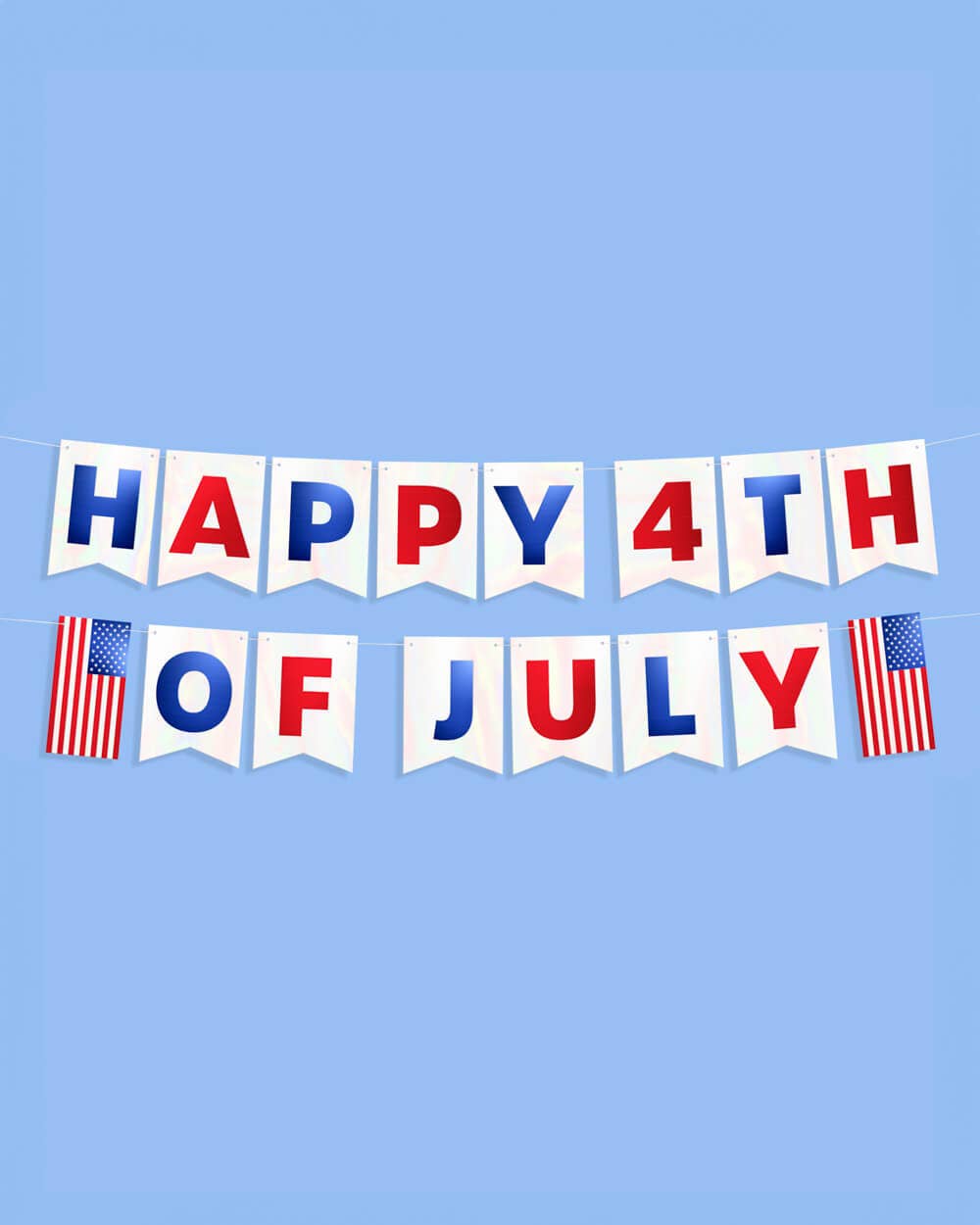 White foil Stars & Stripes Patriotic Banner, 5 ft, from XO Fetti, displayed hanging for Independence Day celebration.