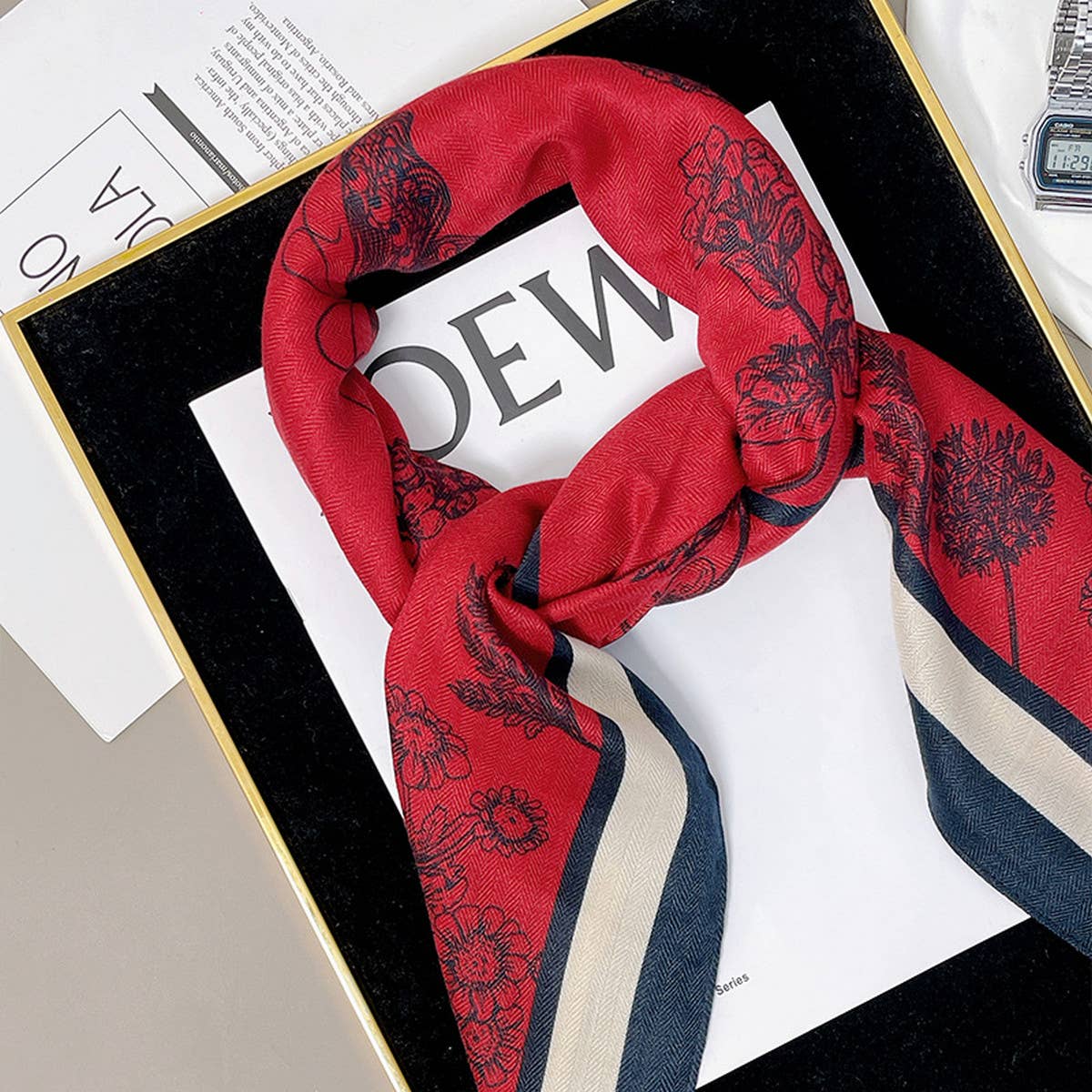 Elegant floral square scarf by ACCITY featuring vibrant flower patterns on soft fabric, perfect for stylish accessory use.