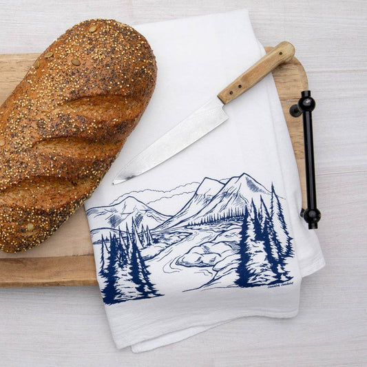 Screen printed mountain tea towel by Counter Couture, made in the USA, featuring a detailed mountain landscape design.