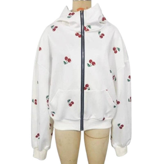 Oversized KK Bloom cherry zip-up hoodie sweatshirt with hood, front pockets, and relaxed fit, shown in a vibrant red color.