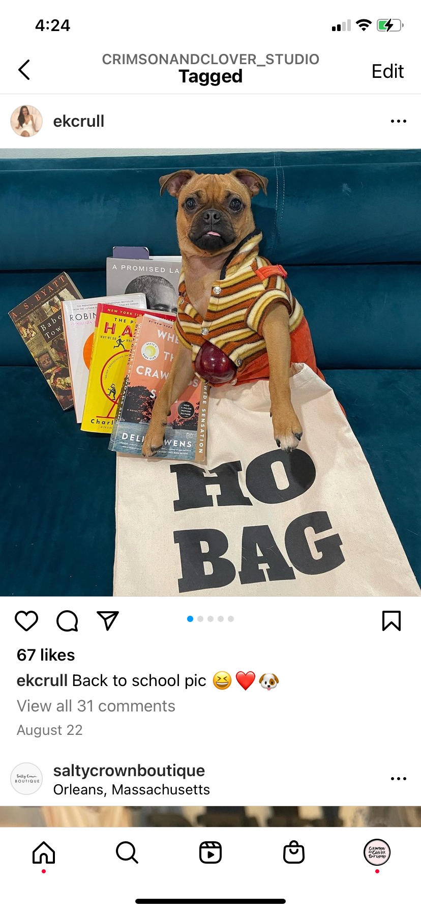 Crimson and Clover Studio Ho Bag funny tote bag with card design, featuring a colorful, playful illustration on durable fabric.