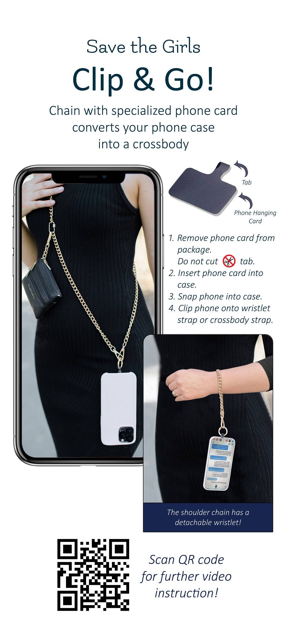 Save The Girls Clip & Go crossbody phone strap with stylish chain and strap design for secure phone carrying.