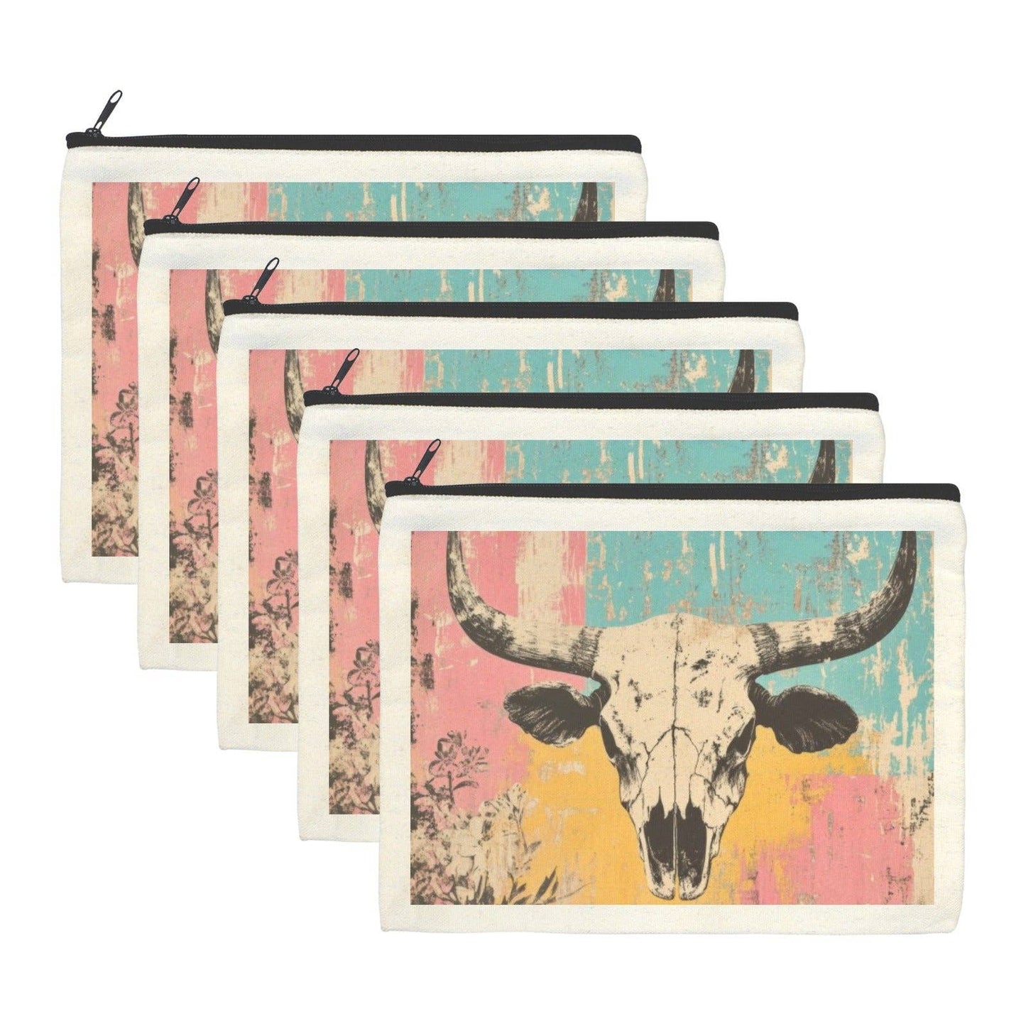 Western-themed cosmetic bag with a skull design from BAHA RANCH WESTERN WEAR, featuring a zipper closure and compact size for travel.