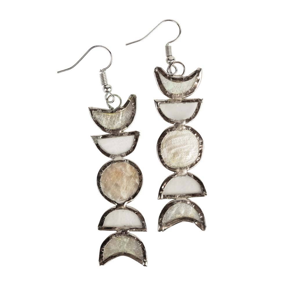 Moon phases Capiz earrings by Ten Thousand Villages, featuring translucent shell designs with silver hooks, showcasing celestial style.