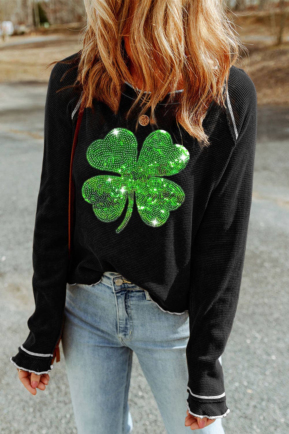 Little Daisy Closet sequin four-leaf clover contrast lettuce trim top, stylish casual blouse with sparkly embellishments.