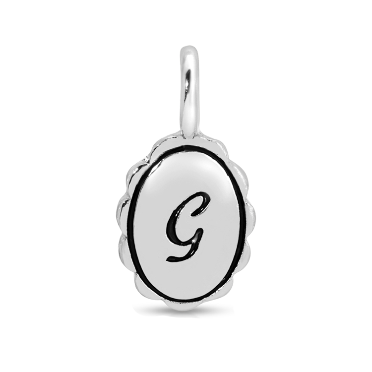 Lucky Feather silver scalloped initial G charm from Charm Garden collection, featuring intricate design on a charm for jewelry.