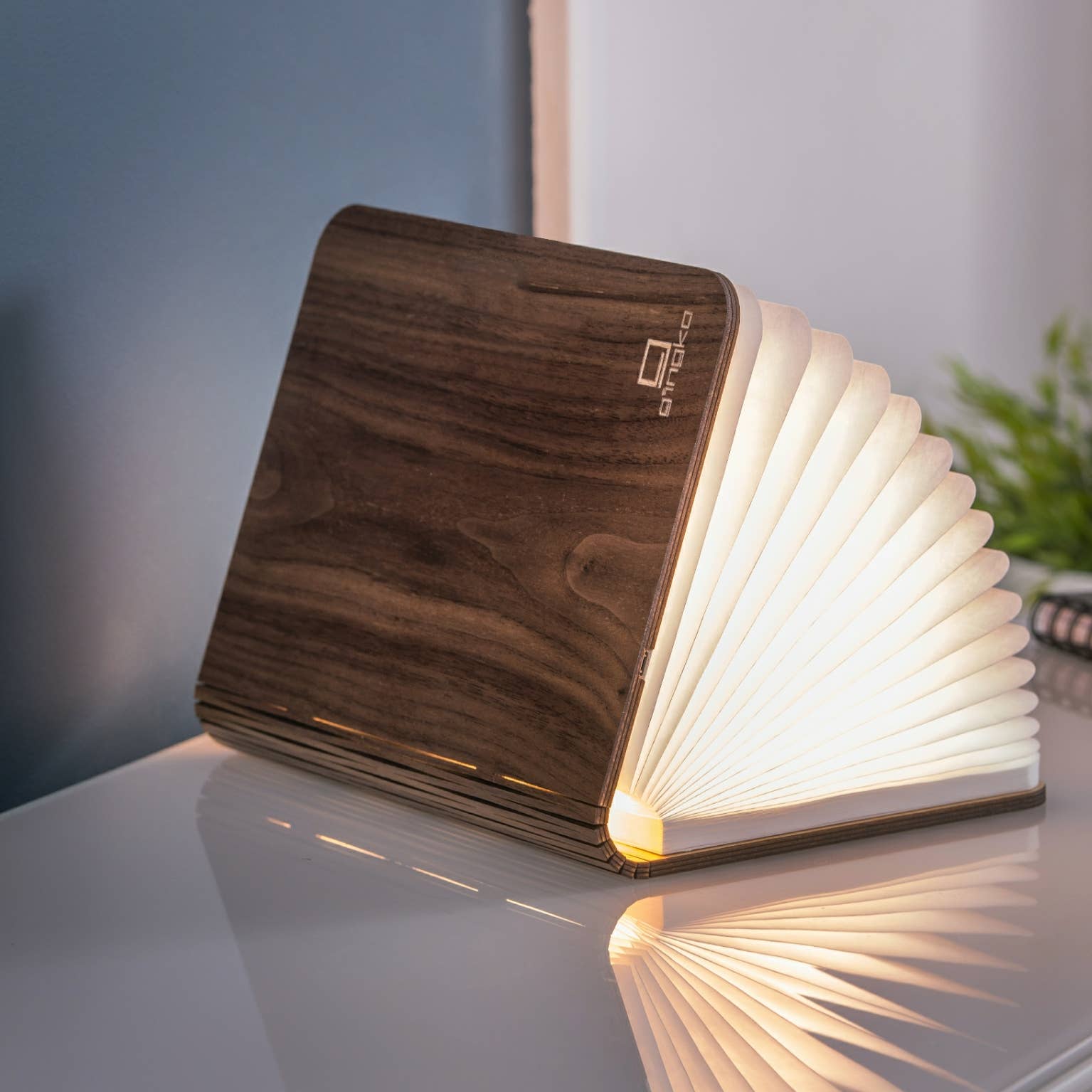 Natural wood smart book light by Gingko Design, illuminated lamp with sleek wooden finish and adjustable arm for reading.