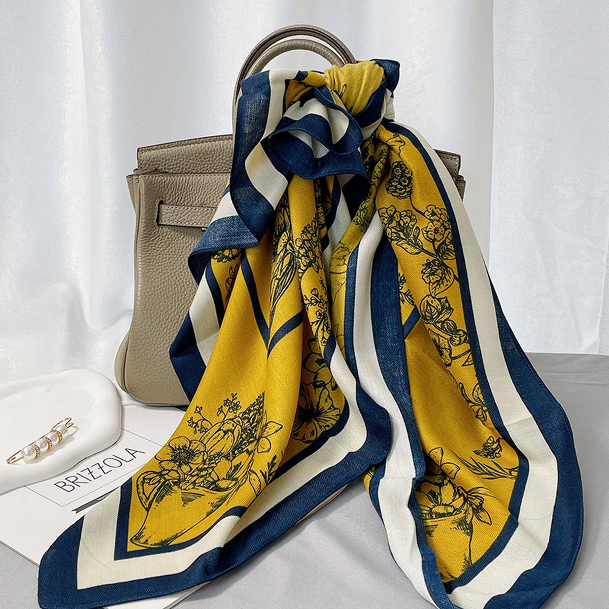 Elegant floral square scarf by ACCITY featuring vibrant flower patterns on soft fabric, perfect for stylish accessorizing.
