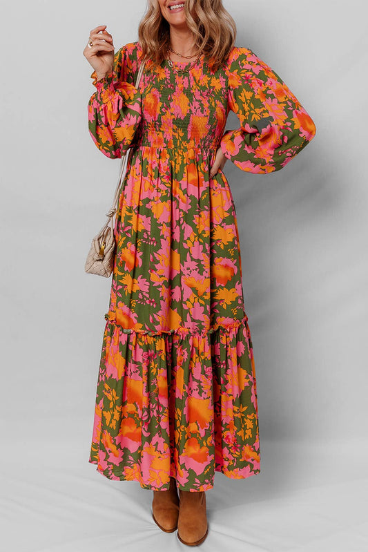 LDC Floral Smocked Puff Sleeve Ruffled Long Dress