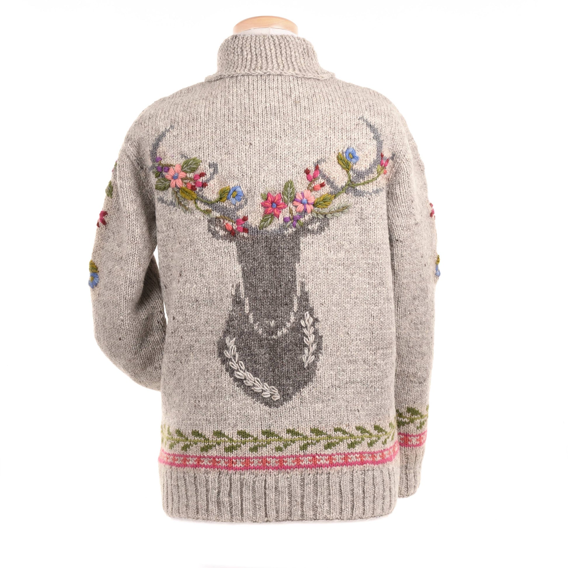 Lost Horizons Knitwear Hartley Floral Antler Sweater featuring a cozy knit design with floral and antler patterns.