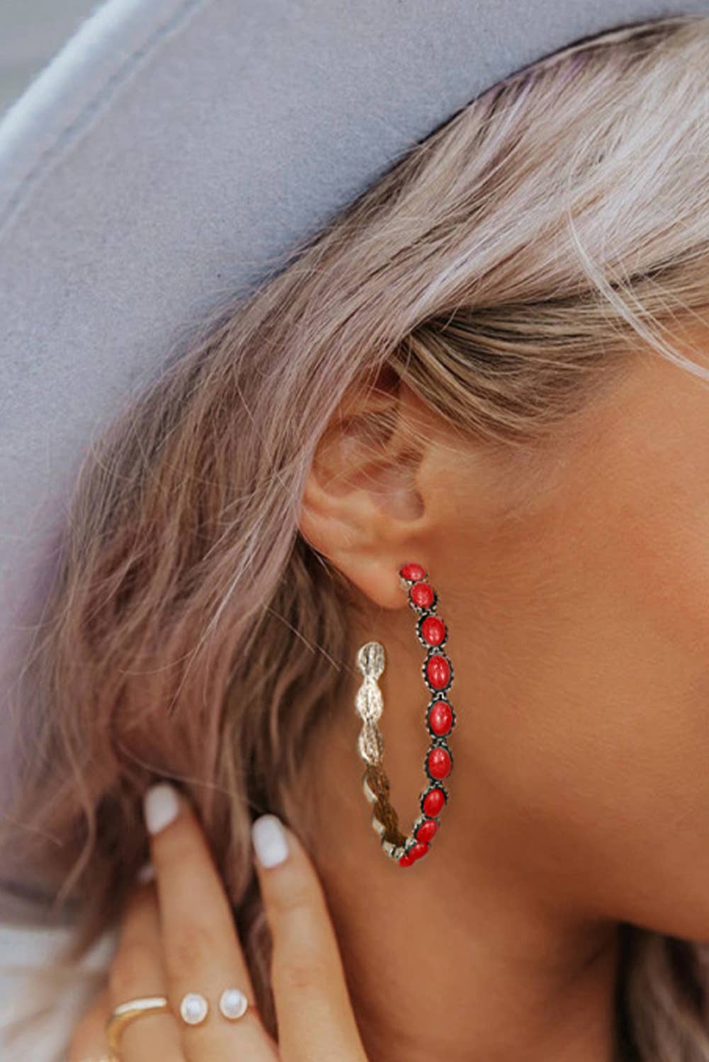 LDC Gem Inlay Retro C-shape earrings with colorful gemstone accents, stylishly crafted by Little Daisy Closet.