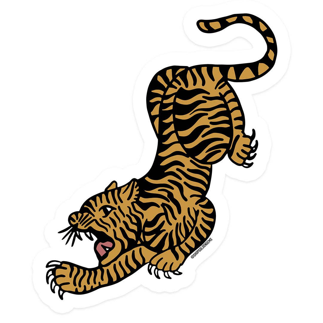 Golden Gems tiger sticker showing a vibrant orange and black tiger design on a clear backing.