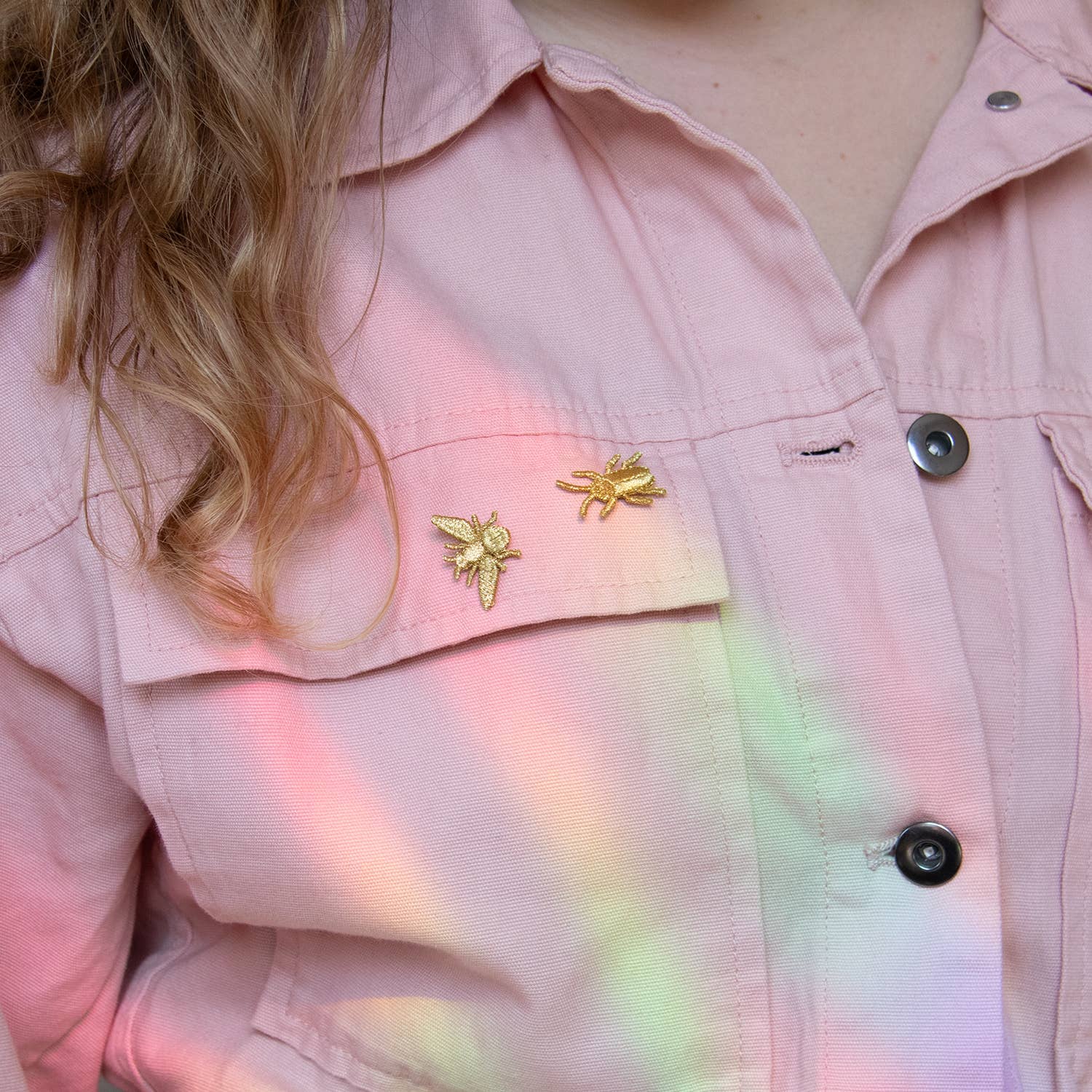 Golden embroidered bug pins featuring three small insect designs, perfect for plant lovers' decor or accessories.