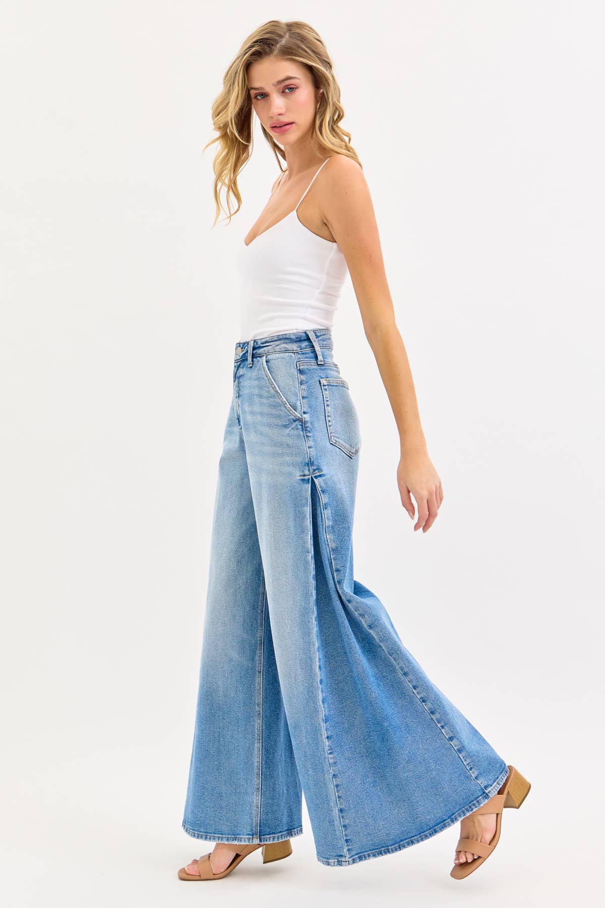 High Rise Wide Leg Jean with Side Triangular Tuck