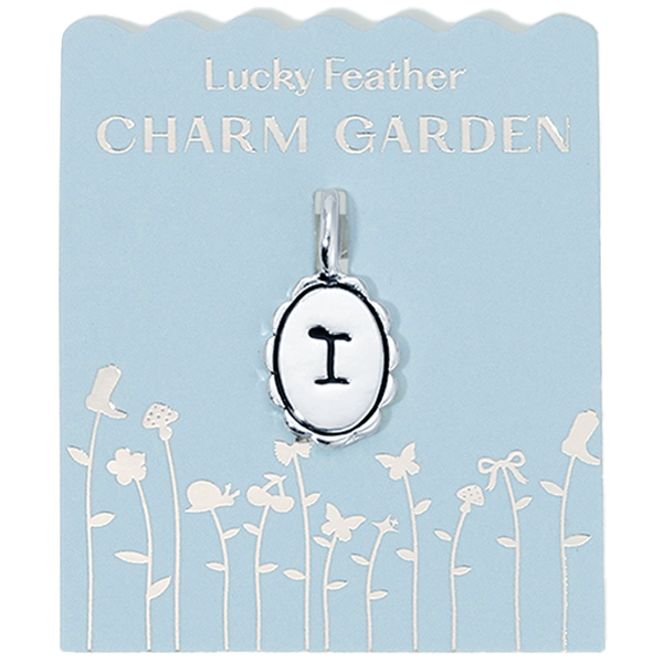 Silver scalloped initial charm with the letter I from Lucky Feather Charm Garden collection, featuring intricate detailing and polished finish.