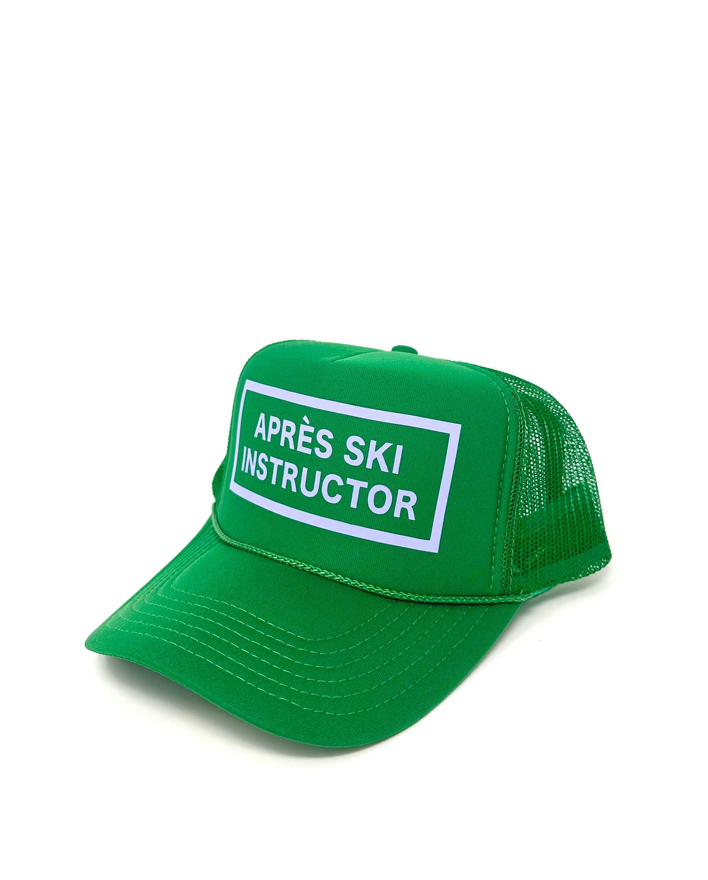 Après Babe Après Ski Instructor Trucker Hat with mesh back and embroidered logo, casual winter hat for outdoor activities.