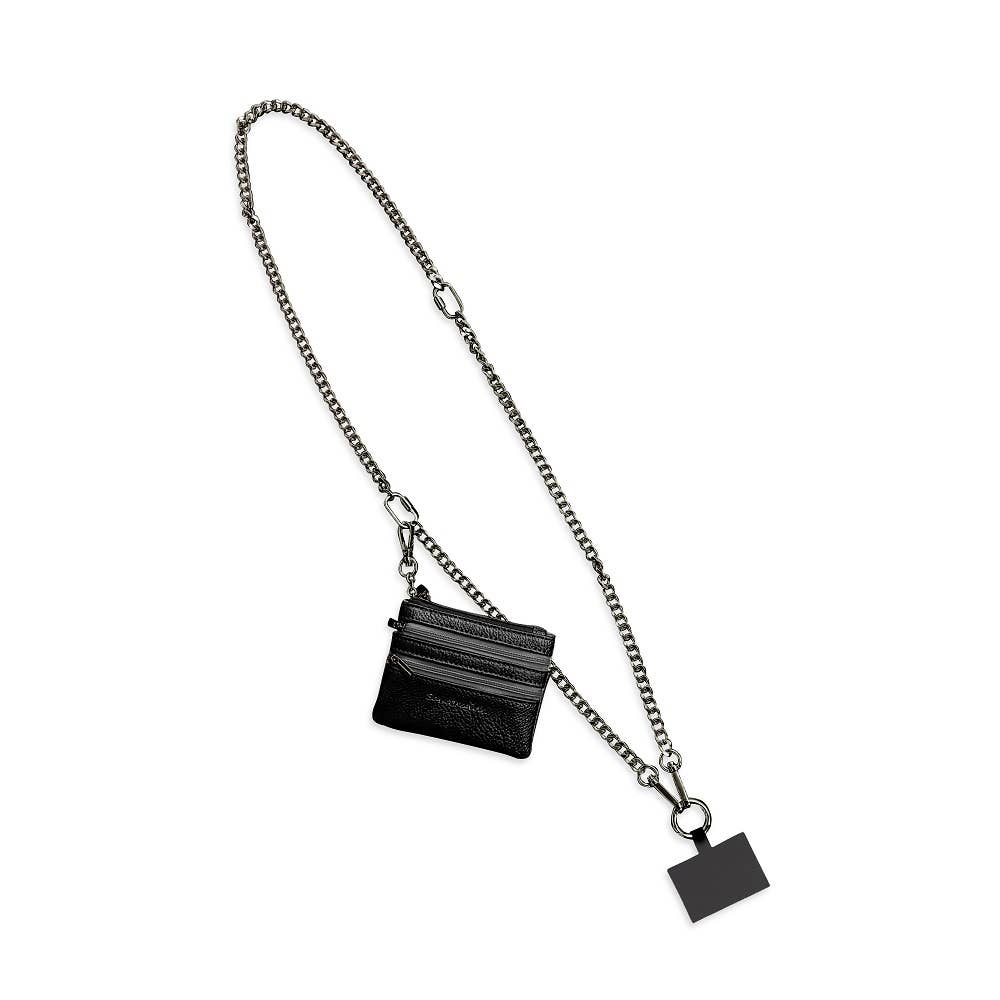 Save The Girls Clip & Go crossbody phone strap with a sleek chain design, attaches securely for hands-free convenience.