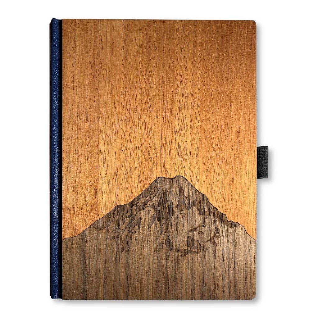 Handcrafted WUDN 6x8 wood journal with smooth wooden cover and bound pages, perfect for writing and note-taking.