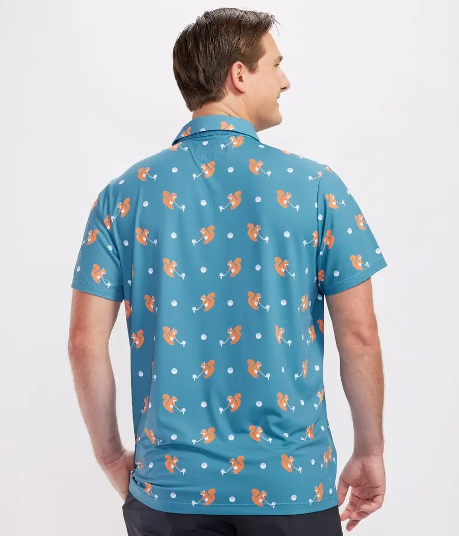 Tipsy Elves men's golf polo shirt featuring a fun squirrel print, casual men's polo with a vibrant, playful design.