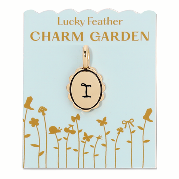 Gold scalloped initial charm featuring the letter I from Lucky Feather's Charm Garden collection, with detailed scalloped edges.
