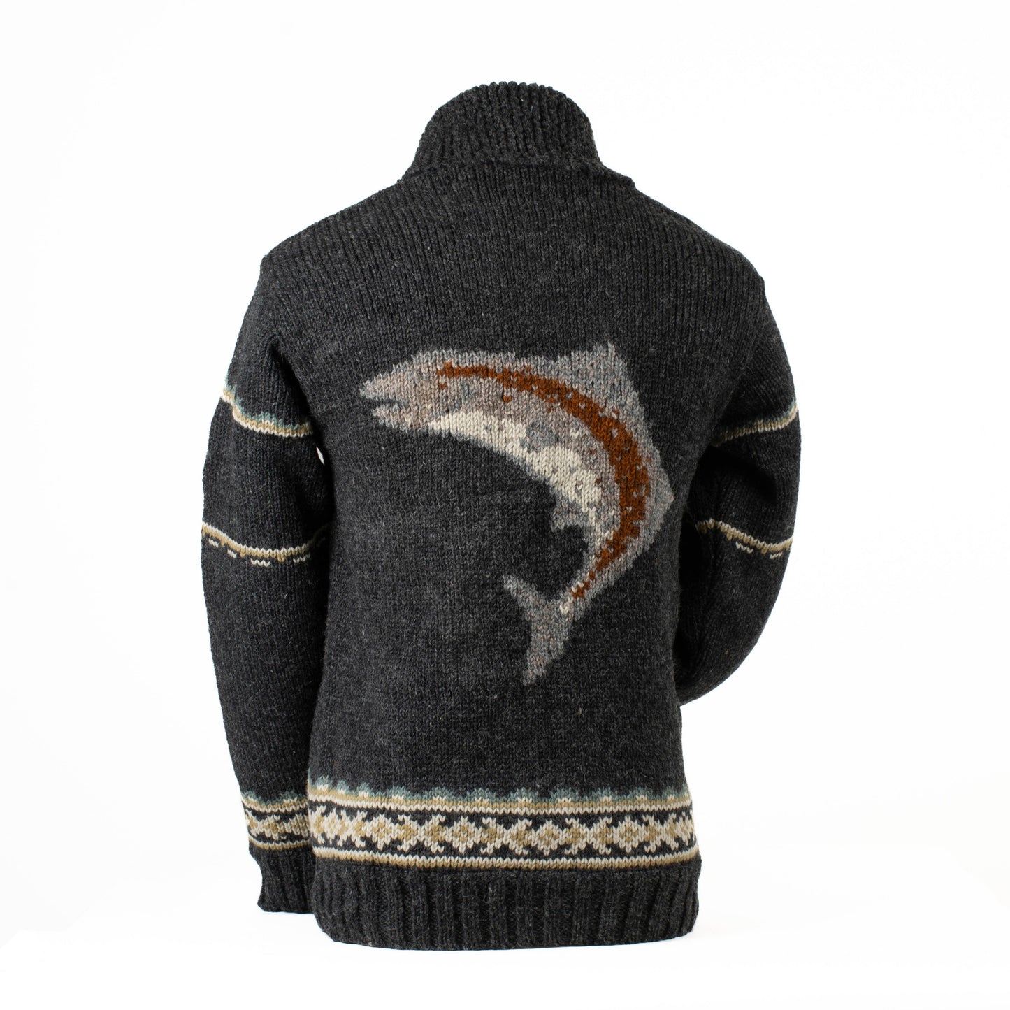 Lost Horizons Knitwear Gone Fishing sweater featuring a cozy knit fabric with fishing-themed patterns and a classic crewneck design.