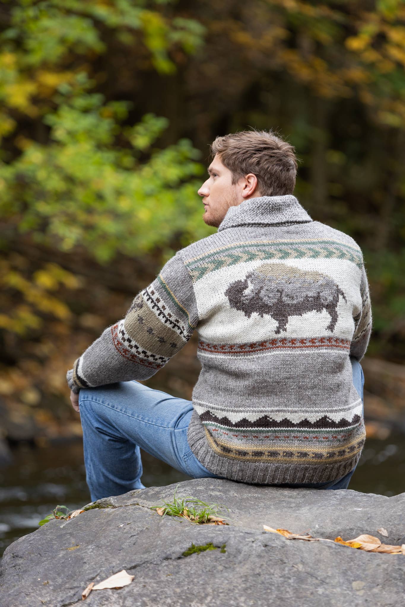 Yellowstone Heritage Wool Sweater Jacket by Lost Horizons Knitwear, featuring a cozy knit sweater with heritage-inspired design and earthy tones.