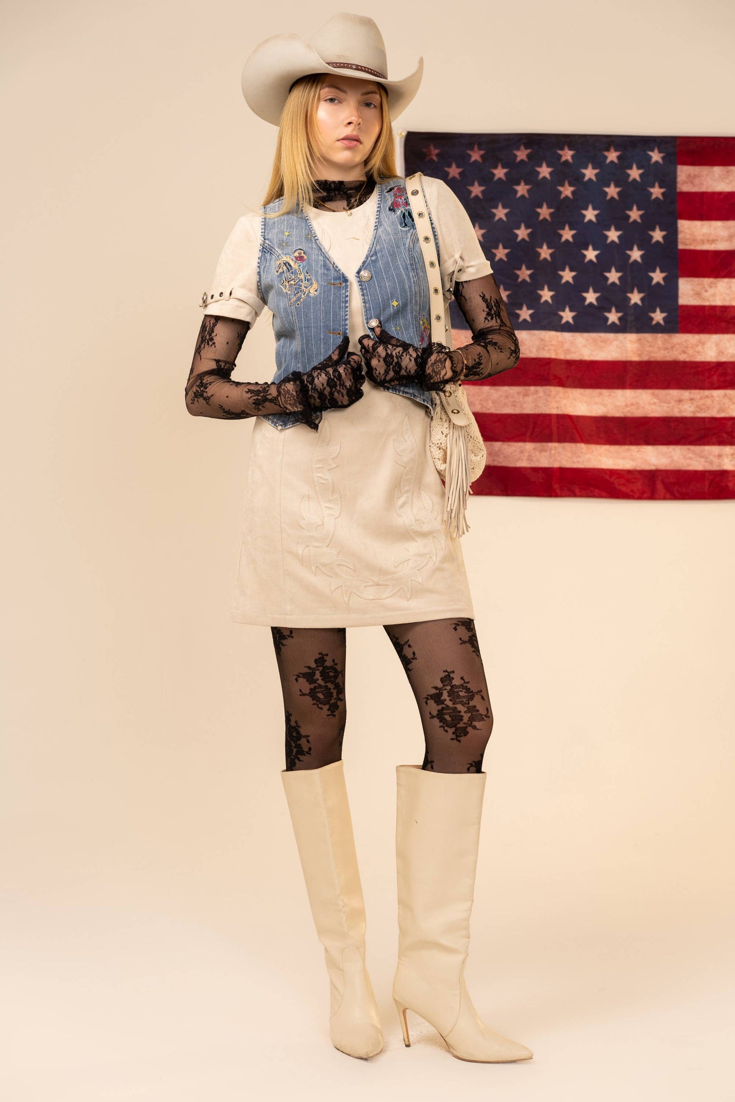 Pinstripe Embroidered Denim Vest
