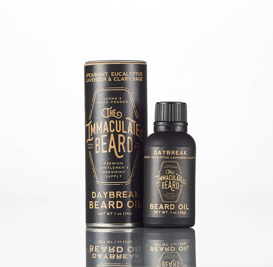 The Immaculate Beard Twilight Beard Oil bottle with a dark amber color and dropper cap, designed for grooming beards.