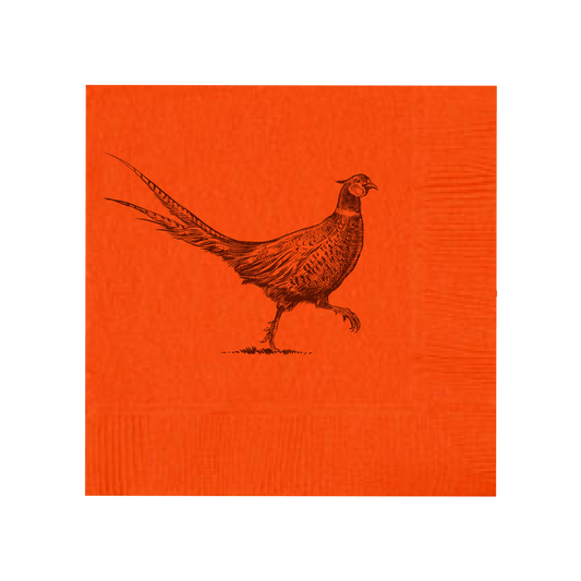Set of Pheasant Strut Orange beverage napkins by Alexa Pulitzer, featuring vibrant pheasant and floral design on paper napkins.