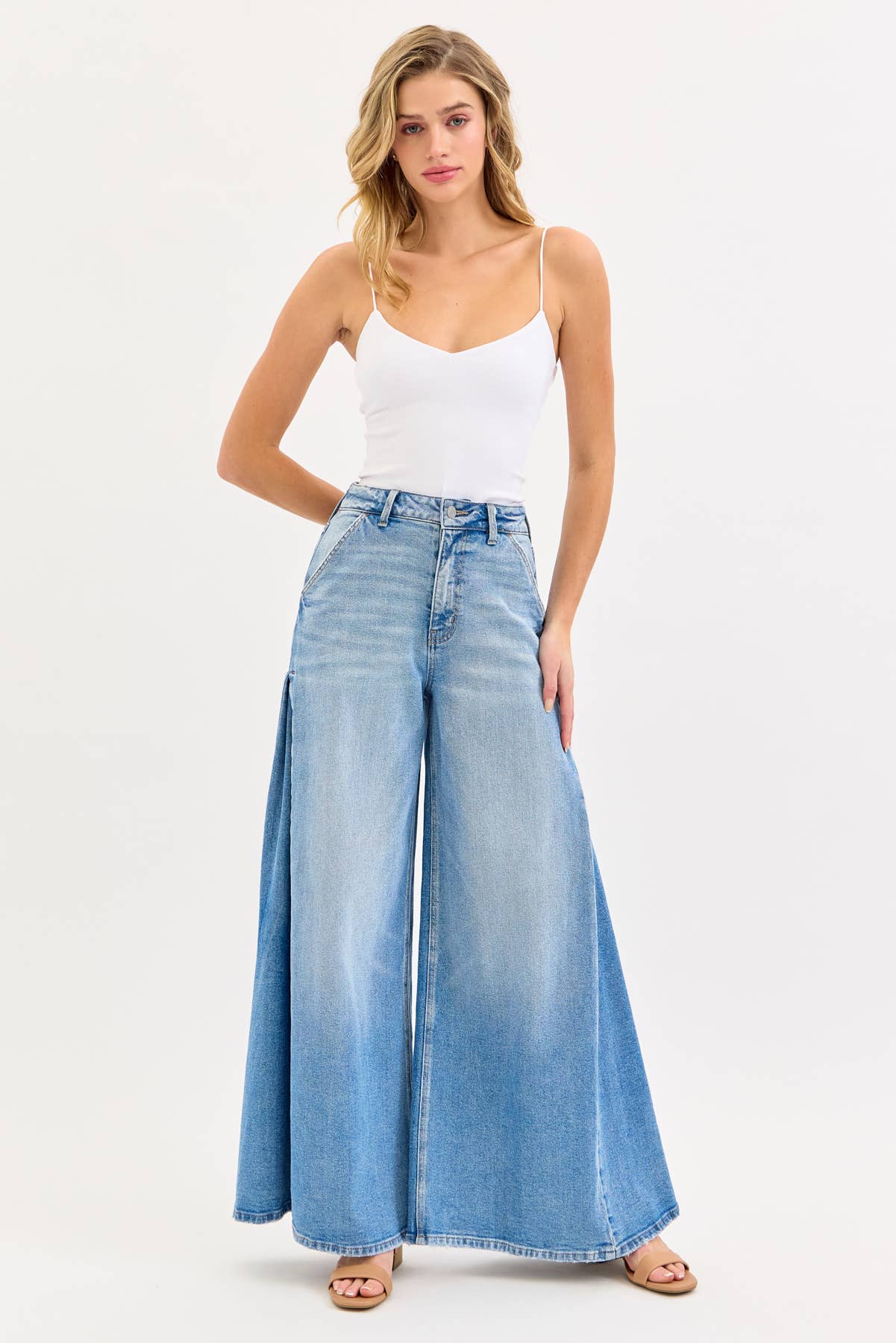 High Rise Wide Leg Jean with Side Triangular Tuck
