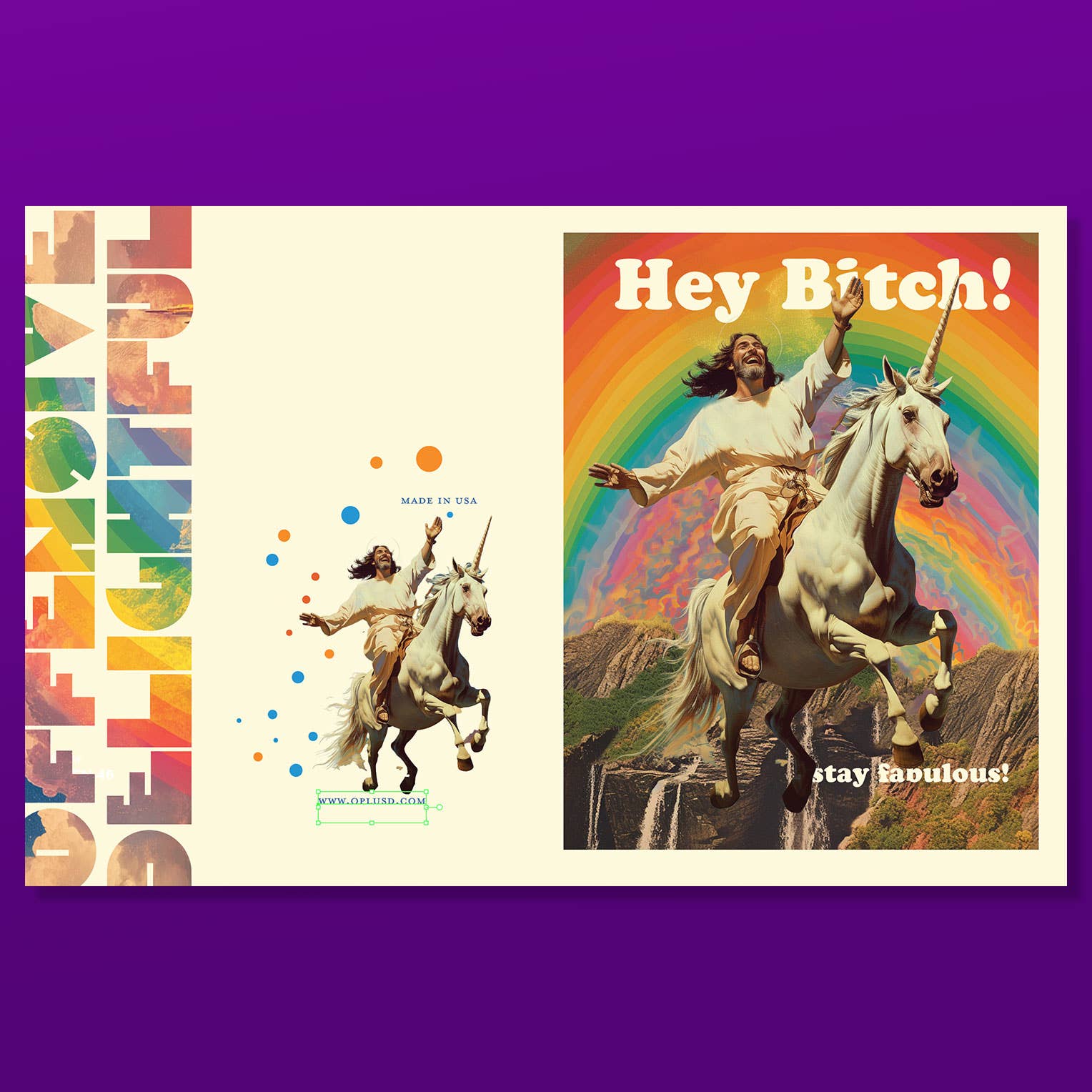 OffensiveDelightful Jesus Bitch birthday card with bold humorous design, perfect for celebrating with a cheeky, colorful greeting.