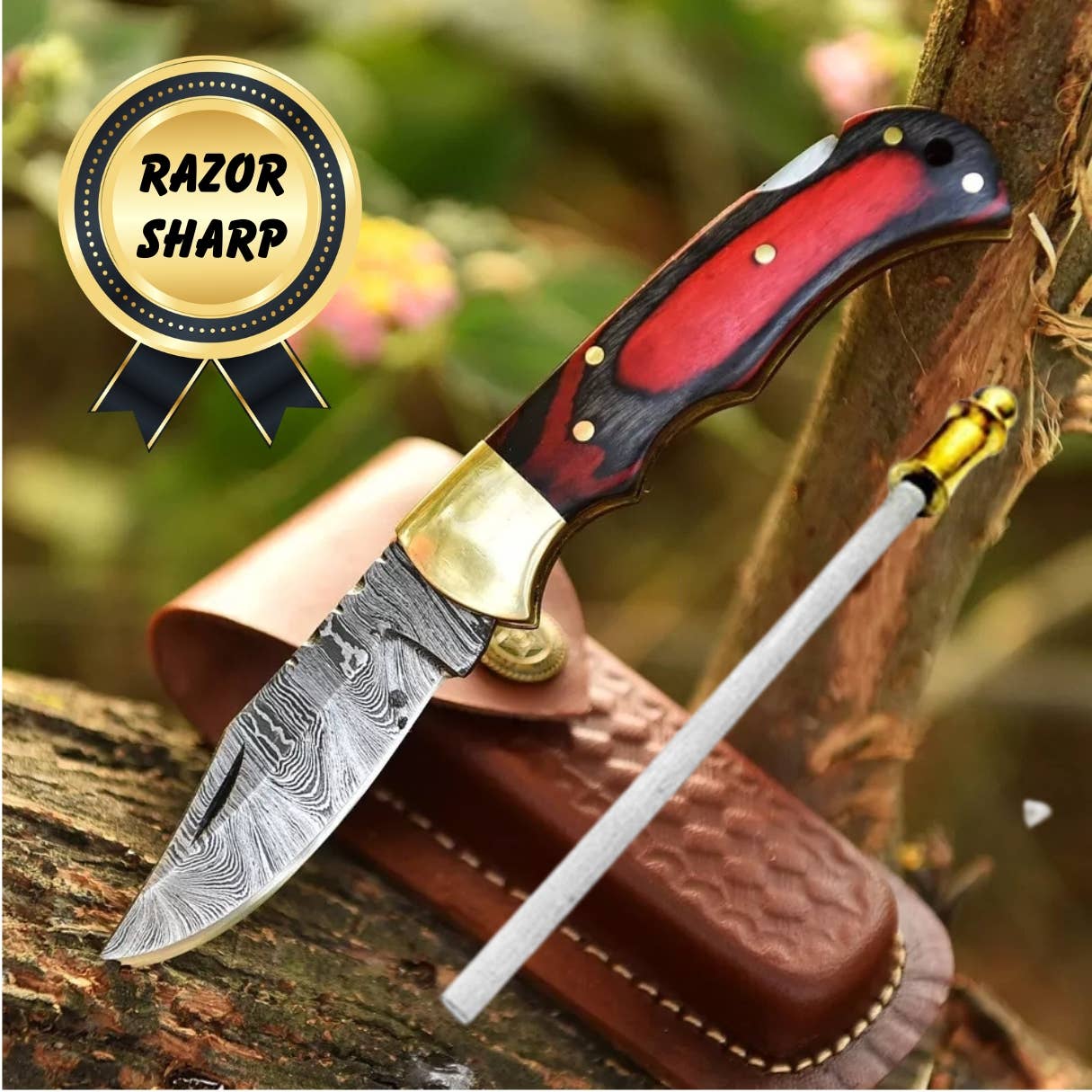 Handmade Damascus Red and Black Wood folding knife with intricate blade pattern and wooden handle, crafted by Liconte LLC.
