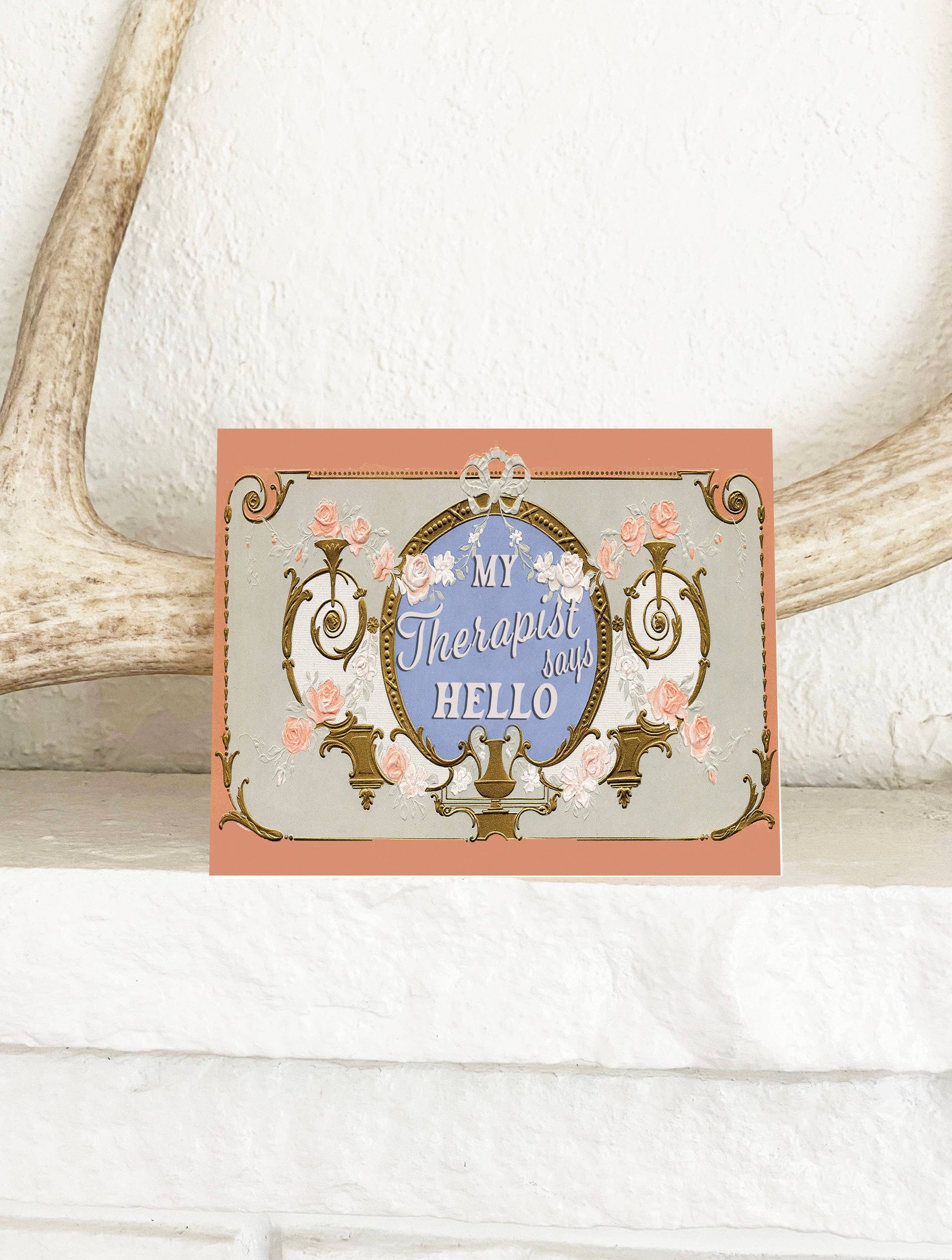 Vintage style greeting card with "My Therapist Says Hello" humorous message, featuring retro design elements by The Coin Laundry.