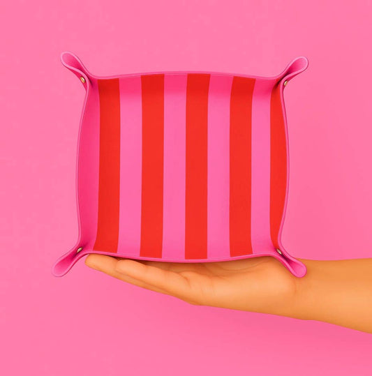 Pink and red striped Aspen Lane trinket tray with a rectangular shape, perfect for organizing jewelry and small accessories.