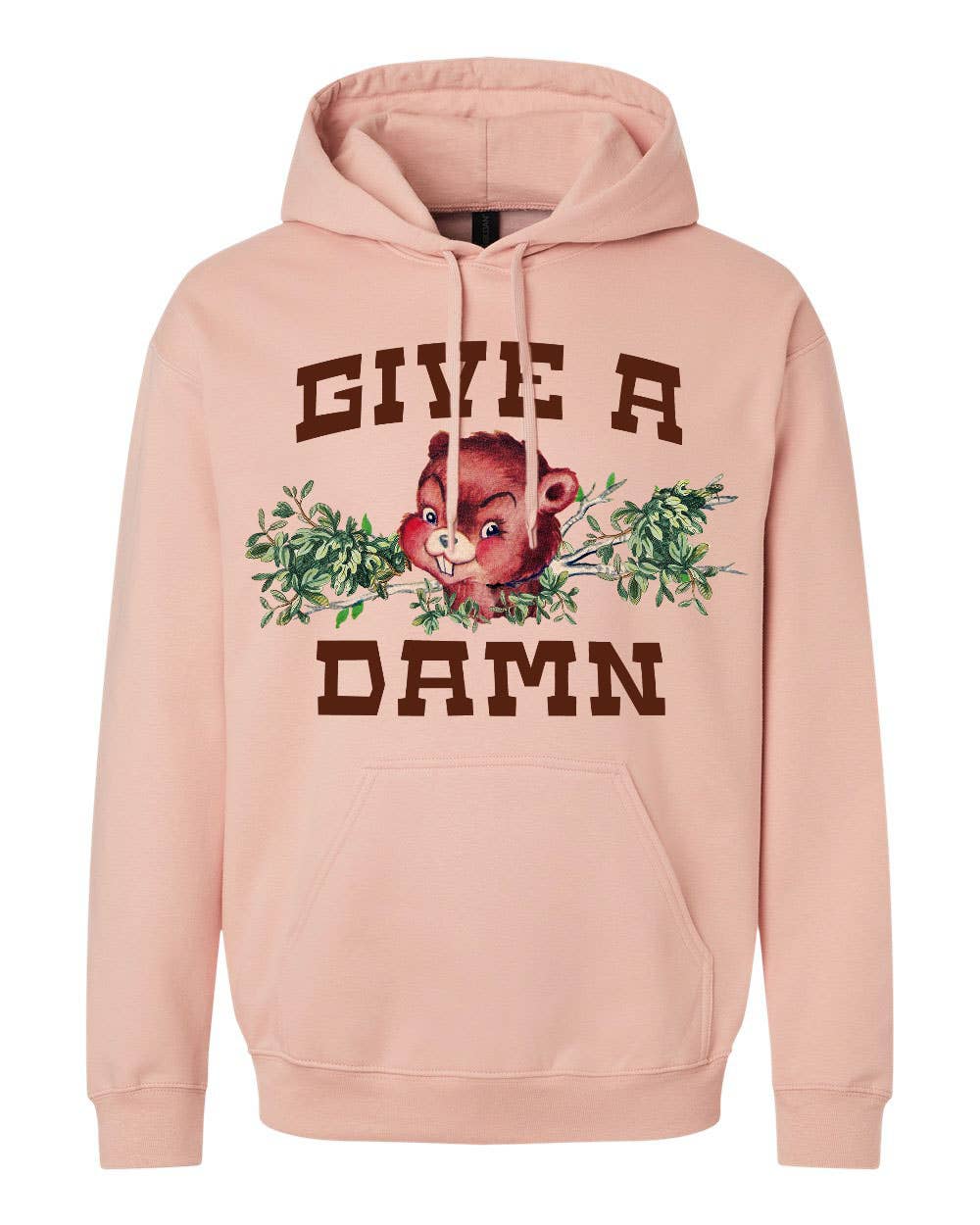 Pink Give a Damn hoodie by The Coin Laundry, soft fabric with bold text design, shown on a model.